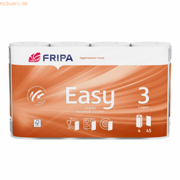 4000883091337 - Easy Küchenrolle 3-lagig 100% Zellstoff mit Saugprägung 23 x 215 cm 1 Packung = 4 Rollen à 45 Blatt 4000883091337 - Easy Küchenrolle 3-lagig 100% Zellstoff mit Saugprägung 23 x 215 cm 1 Packung = 4 Rollen à 45 Blatt