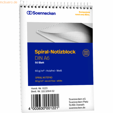 4003630001221 - Notizblock 1123 DIN A6 60g kariert 50Blatt weiß 4003630001221 Soennecken 4003630001221 - Notizblock 1123 DIN A6 60g kariert 50Blatt weiß 4003630001221 Soennecken