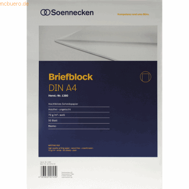 4003630001450 - Briefblock 1380  DIN A4 70g holzfrei 50blatt blanko weiß 4003630001450 Soennecken