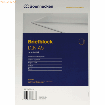 4003630008633 - Briefblock 2310 DIN A5 70g blanko 50Blatt weiß 4003630008633 Soennecken 4003630008633 - Briefblock 2310 DIN A5 70g blanko 50Blatt weiß 4003630008633 Soennecken