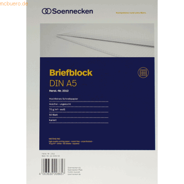 4003630008657 - Briefblock 2312 DIN A5 70g kariert 50Blatt weiß 4003630008657 Soennecken 4003630008657 - Briefblock 2312 DIN A5 70g kariert 50Blatt weiß 4003630008657 Soennecken