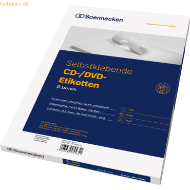 4003630055651 - Cd dvd Etikett 116mm Papier weiß 200 Etik Pack Farbe weiß - Soennecken 4003630055651 - Cd dvd Etikett 116mm Papier weiß 200 Etik Pack Farbe weiß - Soennecken