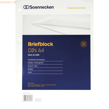 4003630139139 - Briefblock 2306 DIN A4 gelocht liniert 50Blatt weiß 4003630139139 Soennecken