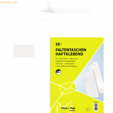4003928380601 - Faltentaschen 30002483 C4 mit Fenster 20mm-Falte haftklebend 120g weiß 4003928380601 25 Stück 4003928380601 - Faltentaschen 30002483 C4 mit Fenster 20mm-Falte haftklebend 120g weiß 4003928380601 25 Stück