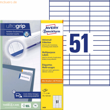 4004182034200 - Avery® Zweckform Etiketten 3420 A4 universell permanenthaftend ultragrip druckergeeignet FSC®-Papier rechteckig weiß 5100 Stück auf 100 Bogen