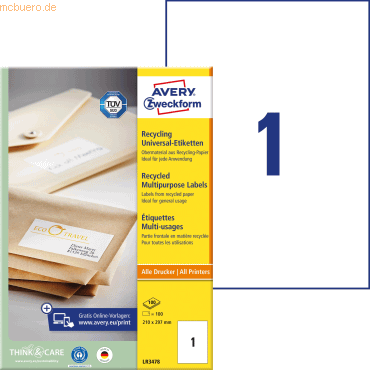 Avery Zweckform Universal-Etiketten 210x297mm Recycling naturweiß VE=1