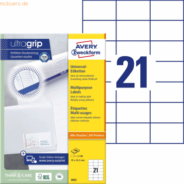 Avery Zweckform Universal-Etiketten ultragrip 70x42,3 mm VE=2.100 Etik