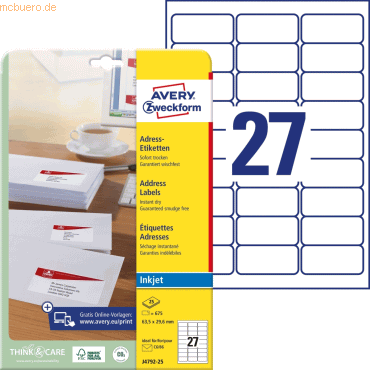 Avery Zweckform Etiketten Inkjet 63.5x29.6mm spezialbeschichtet weiß V