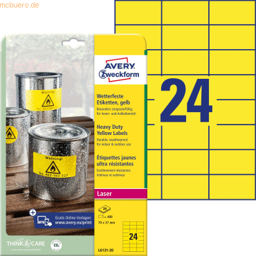 Avery Zweckform Etiketten wetterfest Polyester gelb 70x37mm VE=480 Stü