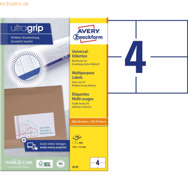 4004182061336 - AVERY Zweckform Ultragrip Universaletiketten 6133 Selbsthaftend Spezial Weiß 105 x 74 mm 200 Blatt à 4 Etiketten