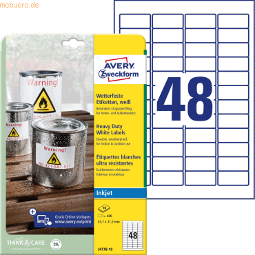 4004182074893 - AVERY Zweckform Wasserfeste Folienetiketten J4778-10 Selbsthaftend DIN A4 Weiß 457 x 212 mm 10 Blatt à 48 Etiketten