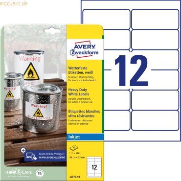 4004182074909 - AVERY Zweckform Wasserfeste Folienetiketten J4776-10 Selbsthaftend DIN A4 Weiß 991 x 423 mm 10 Blatt à 12 Etiketten