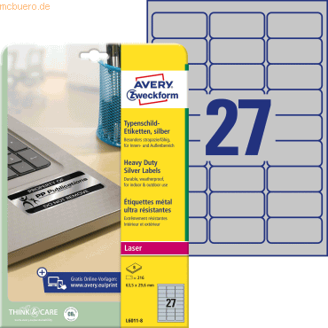 Avery Zweckform Typenschild-Etiketten silber 63,5x29,6mm 216 Etiketten