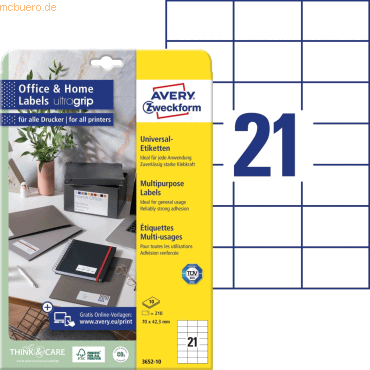 4004182617557 - AVERY Zweckform ultragrip Mehrzwecketiketten 3652-10 Selbsthaftend DIN A4 Weiß 70 x 423 mm 10 Blatt à 21 Etiketten 4004182617557 - AVERY Zweckform ultragrip Mehrzwecketiketten 3652-10 Selbsthaftend DIN A4 Weiß 70 x 423 mm 10 Blatt à 21 Etiketten