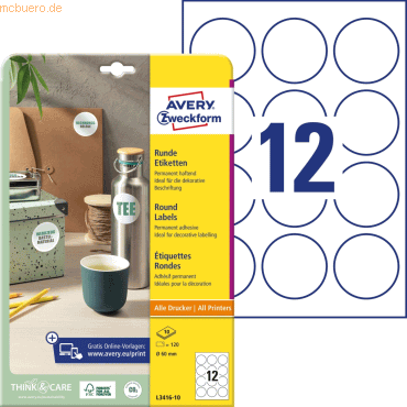 4004182634189 - Avery Markierungspunkte L3416-10 Selbsthaftend DIN A4 Weiß 60 mm 10 Blatt à 12 Etiketten 4004182634189 - Avery Markierungspunkte L3416-10 Selbsthaftend DIN A4 Weiß 60 mm 10 Blatt à 12 Etiketten