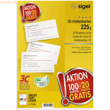 4004360850943 - Visitenkarten 3C 85 x 55 mm 225 g m2 Helles Weiß 120 Stück