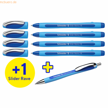 4004675150370 - Kugelschreiber Etui Schneider 4 x Slider Memo XB Schreibfarbe schwarz + 1 x Slider Rave XB Schreibfarbe blau dokumentenecht ViscoGlide®-Technologie
