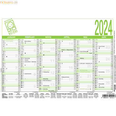 4006928024117 - Arbeitstagekalender Recycling 2024 - A5 (21 x 148 cm) - 6 Monate auf 1 Seite - Blauer Engel - Tafelkalender - Plakatkalender - Jahresplaner - 904-070