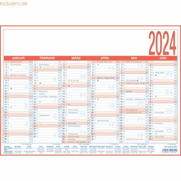 4006928024155 - Arbeitstagekalender 2024 - A4 (29 x 21 cm) - 6 Monate auf 1 Seite - Tafelkalender - auf Pappe kaschiert - Jahresplaner - 908-1315