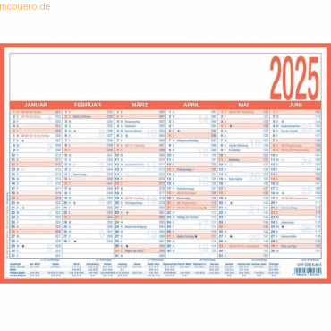 25 x Zettler Arbeitstagekalender 908 kaschiert A4 29,7x21cm 2025