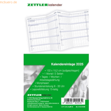 4006928025534 - Kalendereinlage 510-0000 1 Monat   1 Seite 88x152mm 2025 4006928025534 Zettler