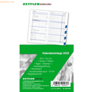 4006928025657 - Kalendereinlage 530-0000 1 Monat   2 Seiten 88x152mm 2025 4006928025657 Zettler