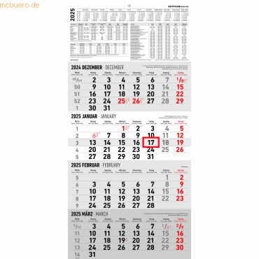 Zettler Viermonatskalender 960 30x62,8cm 2025