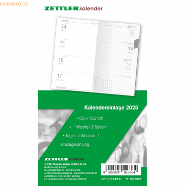 Zettler Ersatzeinlage 560 für Taschenkalender 8,8x15,2cm 1 Woche/2 Sei