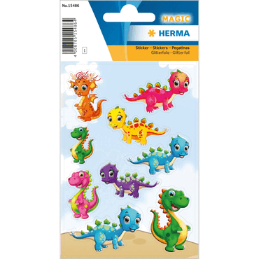4008705154864 - 10 x HERMA Schmucketikett MAGIC Kleine Dinos Glitterfolie 1 Bl 1 Pack