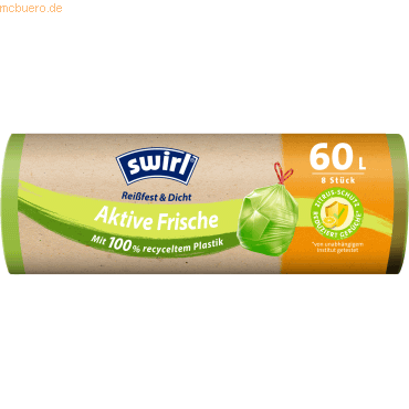 4008871216397 - Swirl® Müllbeutel Reißfest Aktive Frische 60 Liter Abfallbeutel mit leicht zitronigem Duft gegen unangenehme Gerüche 1 Rolle = 8 Beutel 4008871216397 - Swirl® Müllbeutel Reißfest Aktive Frische 60 Liter Abfallbeutel mit leicht zitronigem Duft gegen unangenehme Gerüche 1 Rolle = 8 Beutel