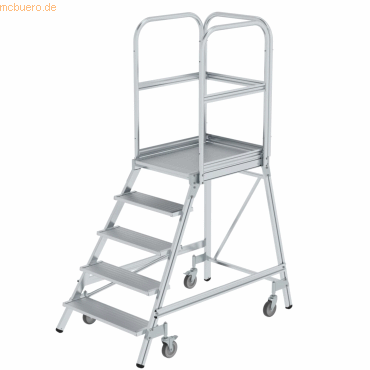 4031405501058 - Munk Podesttreppe 5 Stufen einseitig begehbar Rechteckrohr-Holme Plattform B 600 x T 800 mm Handlauf 3-seitiges Geländer max 150 kg