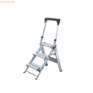 4031405531031 - Munk Klapptreppe Aluminium stabiler Doppelholm rutschfeste Kunststoffschuhe klappbare Haltebügel mit Ablageschale max 150 kg Trittfläche 360 x 205 mm 3 Stufen