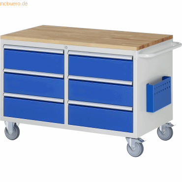 4040376144829 - Montagewagen mit Buche Platte 25 mm BxTxH 1145x650x795 mm 6 Schubladen 180 mm RAL 7035 5010 4040376144829 - Montagewagen mit Buche Platte 25 mm BxTxH 1145x650x795 mm 6 Schubladen 180 mm RAL 7035 5010