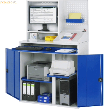 4040376919250 - Computer-Arbeitsstation Monitorgehäuse 2 Ausziehböden Breite 1100 mm lichtgrau enzianblau 4040376919250 - Computer-Arbeitsstation Monitorgehäuse 2 Ausziehböden Breite 1100 mm lichtgrau enzianblau