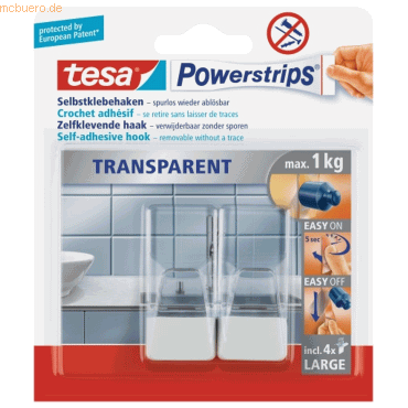 8 x Tesa Powerstrips Haken Large transprent/weiß VE=2 Stück