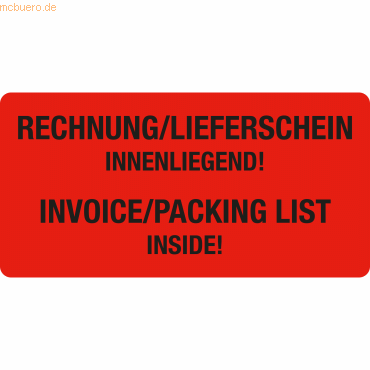 4052301100848 - Warnetiketten rot »Rechnung Lieferschein innenliegend!« 100 x 50 cm 4052301100848 250 Stück 4052301100848 - Warnetiketten rot »Rechnung Lieferschein innenliegend!« 100 x 50 cm 4052301100848 250 Stück