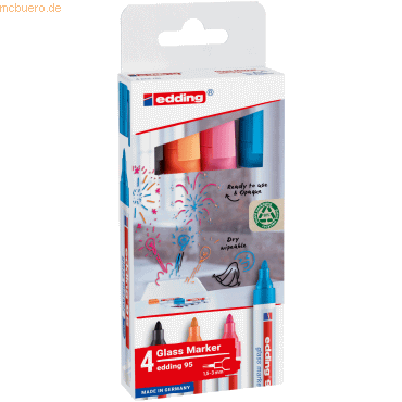 4057305072368 - Glasmarker edding 95 für Glasoberflächen & Whiteboards Strichbreite 15-3 mm runde Spitze 4er Set Schwarz Hellblau Pink und Orange 4057305072368 - Glasmarker edding 95 für Glasoberflächen & Whiteboards Strichbreite 15-3 mm runde Spitze 4er Set Schwarz Hellblau Pink und Orange