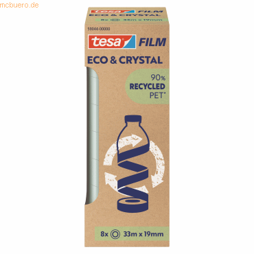 4063565252457 - tesafilm eco & crystal Klebeband - transparenter Klebefilm aus wiederverwertetem PET-Material - reißfest mit starker Klebkraft - 8 Rollen á 33 m x