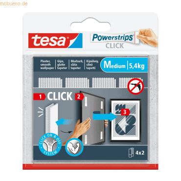 4063565401077 - tesa® Powerstrips CLICK MEDIUM 54 kg 16 x 2 Streifen Multipack selbstklebend für Wandbefestigung 4063565401077 - tesa® Powerstrips CLICK MEDIUM 54 kg 16 x 2 Streifen Multipack selbstklebend für Wandbefestigung