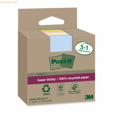 4064035060251 - Haftnotizen 654 RSS3COL3+1F Recycling Notes Super Sticky 76x76mm farbig quadratisch 4064035060251 4 Stück 4064035060251 - Haftnotizen 654 RSS3COL3+1F Recycling Notes Super Sticky 76x76mm farbig quadratisch 4064035060251 4 Stück