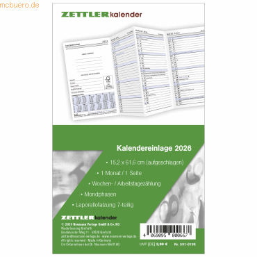 4069095000667 - Kalenderersatzeinlage 501 für Taschenplaner 88x152cm 1 Monat 4069095000667 - Kalenderersatzeinlage 501 für Taschenplaner 88x152cm 1 Monat