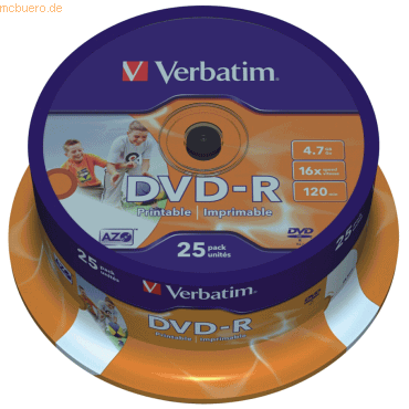 Verbatim DVD-Rohlinge bedruckbar DVD-R 4,7GB/16x auf Spindel VE=25 Stü