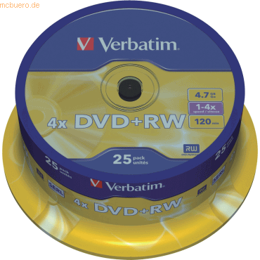 Verbatim DVD-Rohlinge DVD+RW 4,7GB/4x auf Spindel VE=25 Stück