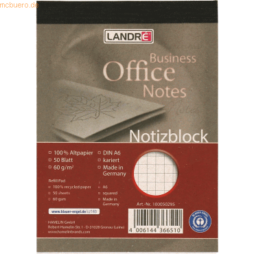 4006144366510 - Notizblock 100050295 Recycling kariert A6 60g braun 50 Blatt 4006144366510 LANDRÉ