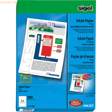 Sigel Inkjetpapier A4 95g/qm spezialbeschichtet hochweiß VE=200 Blatt