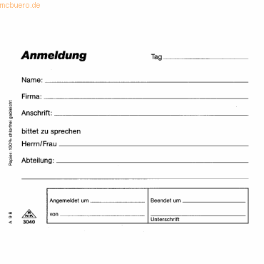 4002871304009 - Formularbuch Besucheranmeldeblock A6 quer VE=50 Blatt 4002871304009 - Formularbuch Besucheranmeldeblock A6 quer VE=50 Blatt