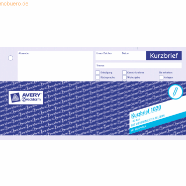 Avery Zweckform Formularbuch Kurzbrief 1/3 A4 VE=100 Blatt