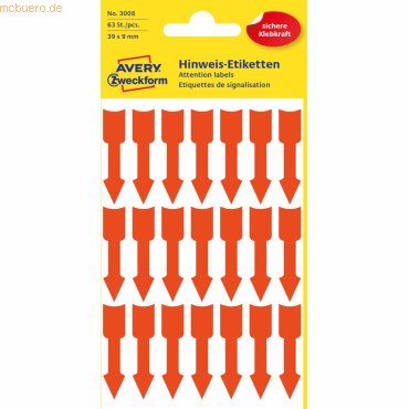 10 x Avery Zweckform Hinweisetiketten Pfeile 39x9mm leuchtrot VE=63 St