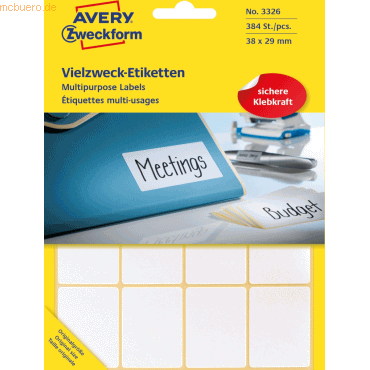 4004182033265 - Etiketten 3326 38 x 29 mm weiß 4004182033265 Zweckform 3326 384 Stück 4004182033265 - Etiketten 3326 38 x 29 mm weiß 4004182033265 Zweckform 3326 384 Stück