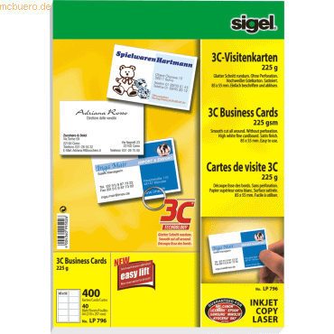 Sigel Visitenkarten Inkjet/Laser/Kopier 3C 200g weiß VE=400 Stück